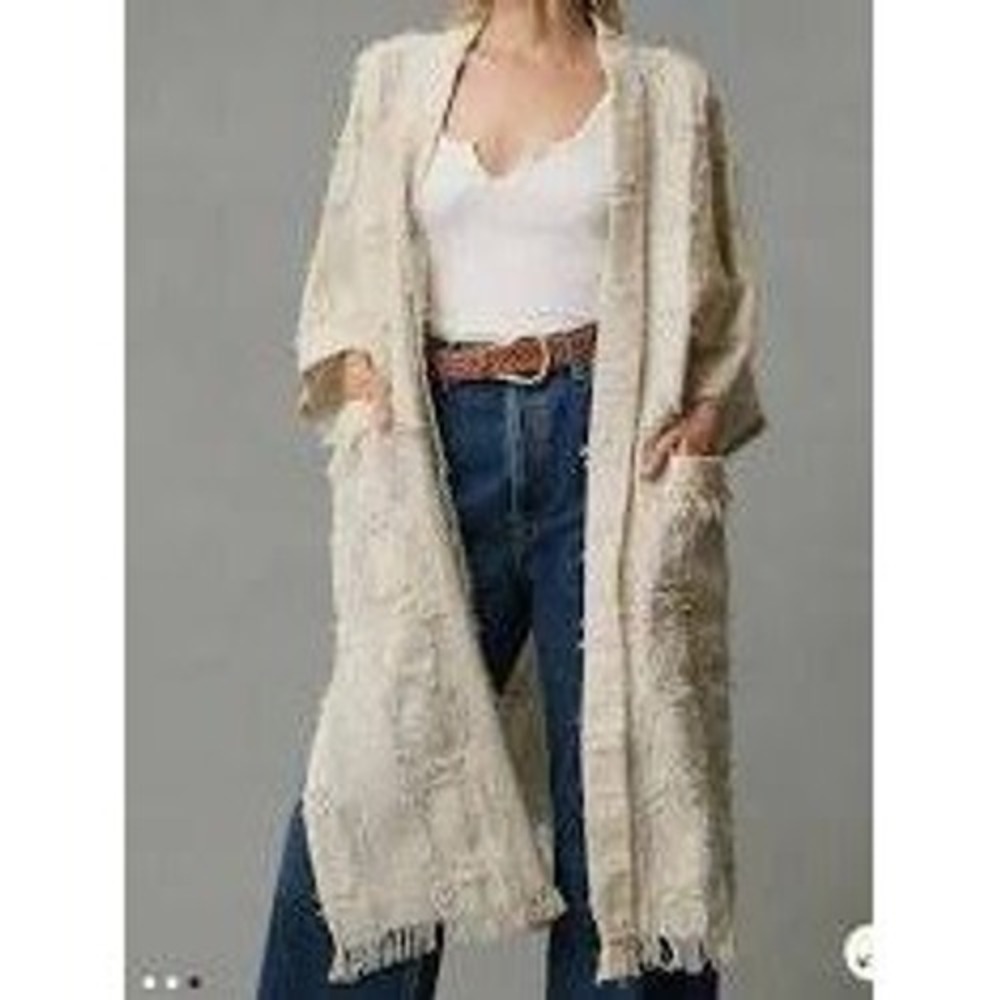 Pilcro Beige Lurex Shimmer Fringed Textured Kimono Cardigan Wrap Women One Size